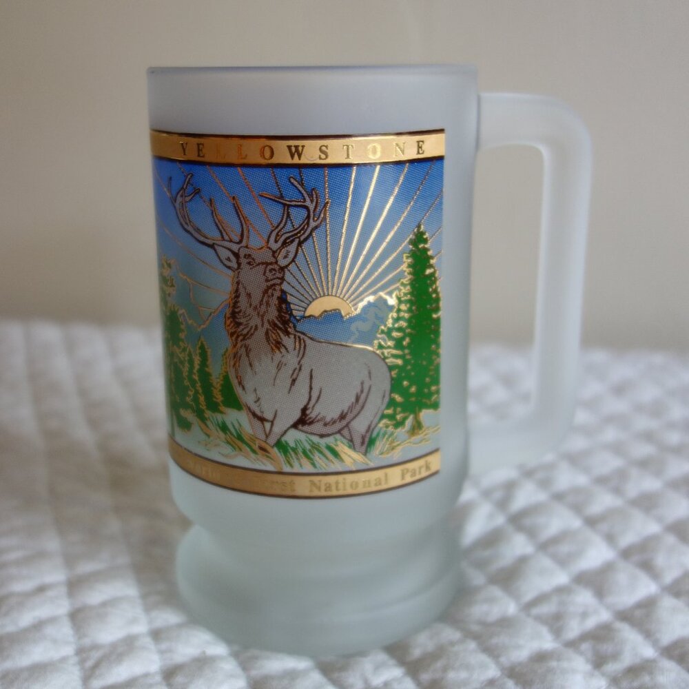 Vtg 1999 YELLOWSTONE Worlds First National Park Frosted Glass Mug